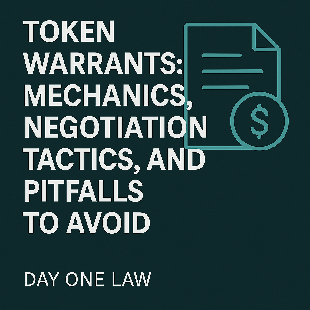 Social media banner graphic with the title ‘Token Warrants in Crypto: How to Structure, Negotiate, and Avoid Landmines’ in bold white text over a dark teal gradient. Includes small icons of a document and a crypto token, with the law firm name ‘Day One Law’ at the bottom.